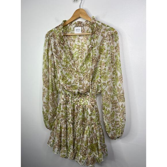 Misa Los Angeles Ruffle Drawstring Neck Elastic Waist Floral Green Mini Dress - Picture 3 of 9